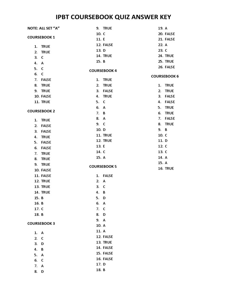 IPBT Coursebook Quiz Answers Set A | PDF