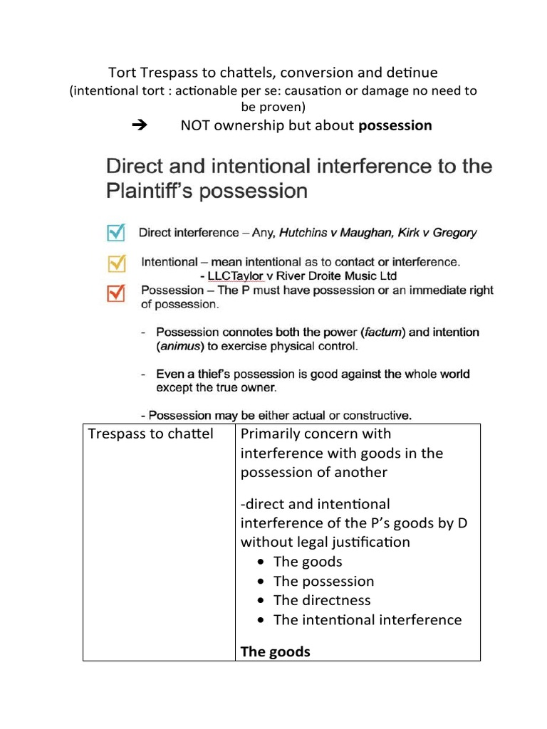 Tort Trespass To Chattels, Conversion and Detinue Download Free PDF