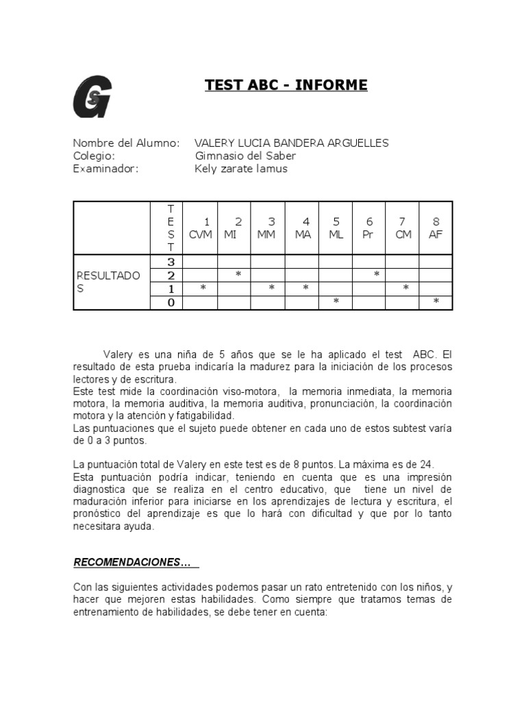 Informe del Test ABC para Niños | PDF | Memoria | Aprendizaje