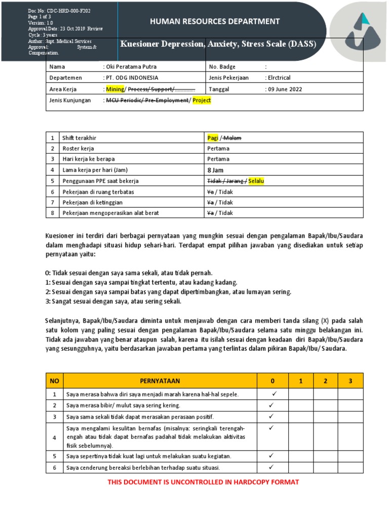 Kuesioner DASS untuk Kesehatan Mental | PDF