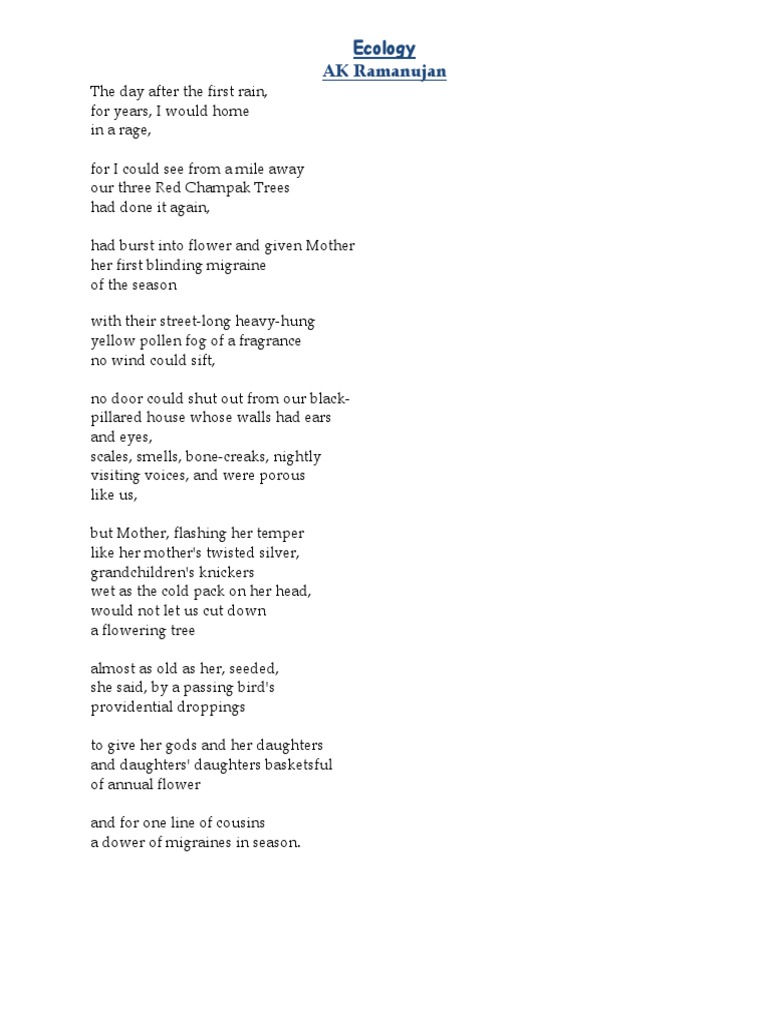 Ecology AK Ramanujan | PDF | Flowers | Poetry