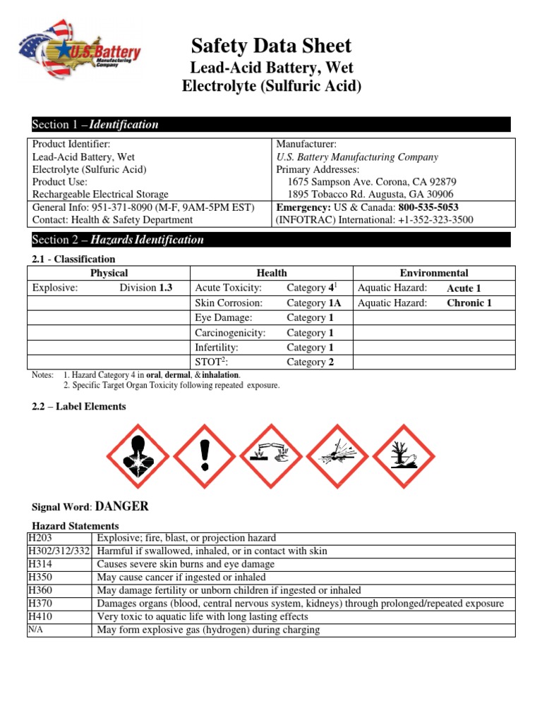 Safety Data Sheet LeadAcid Battery, Wet Electrolyte (Sulfuric Acid