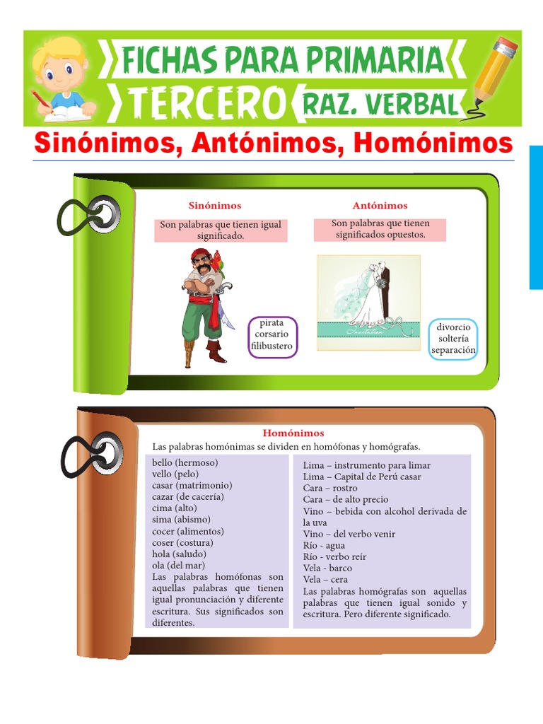 Fichas De Trabajo De Sinónimos, Antónimos Y Homónimos LOS