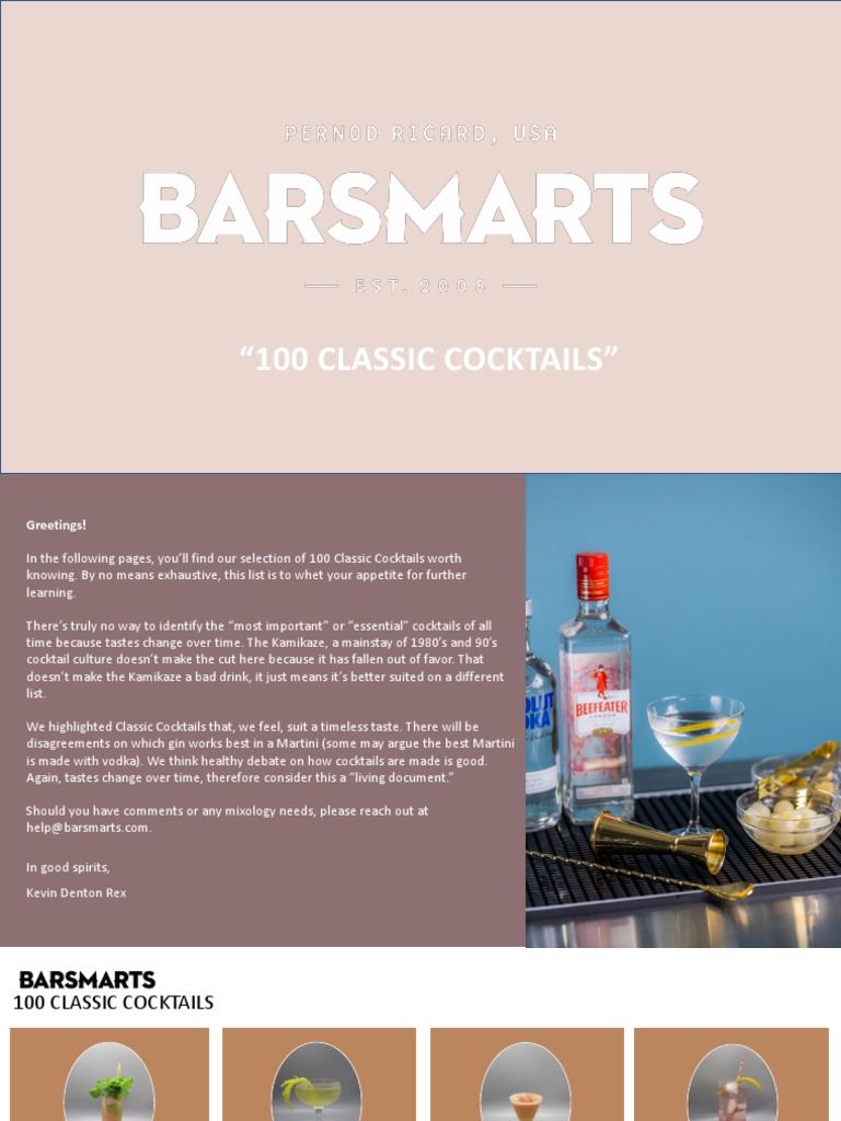 100 Classic Cocktails BarSmarts PDF Martini (Cocktail) Distilled