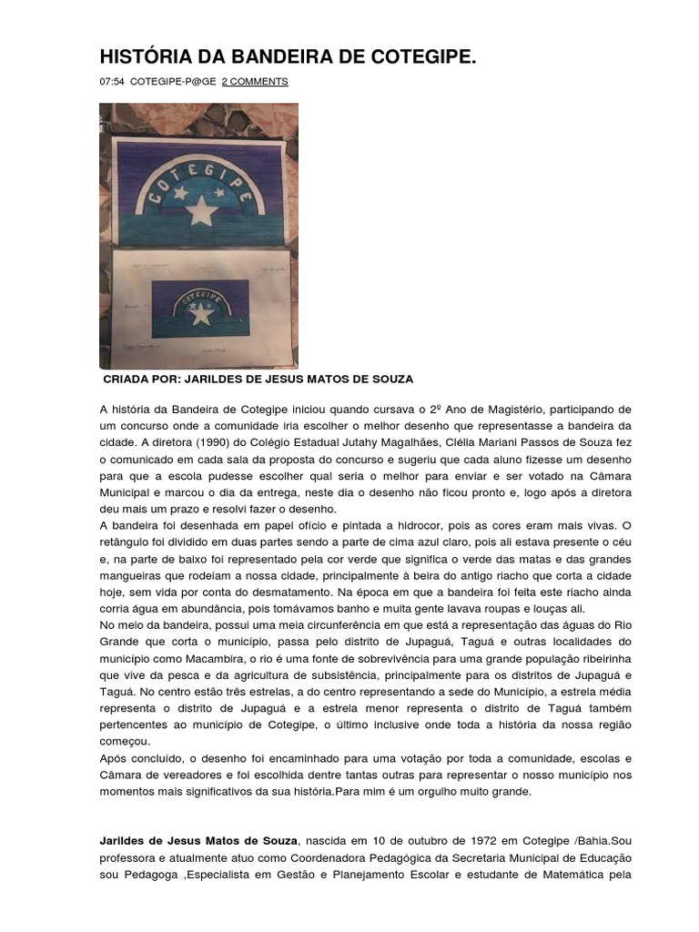 História Da Bandeira de Cotegipe PDF Pedagogia Bandeira