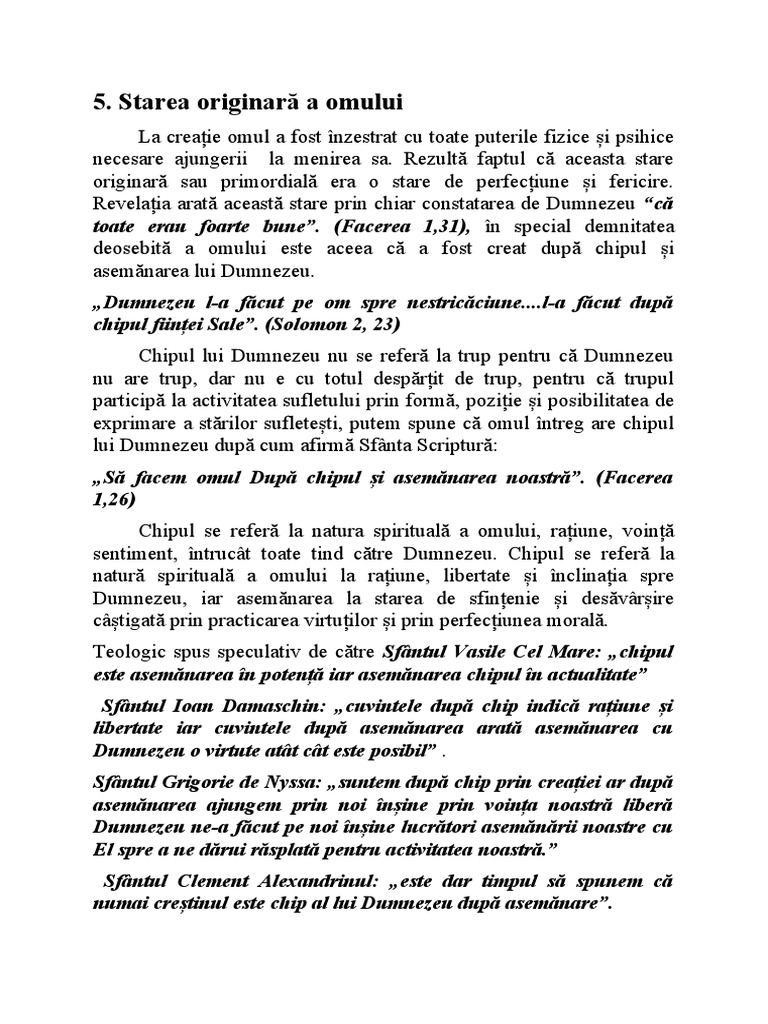 Tema 5 - Starea Originara A Omului Chip Si Asemanare | PDF