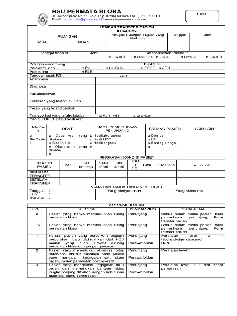 Form Transfer Pasien Internal Dan Eksternal Pdf