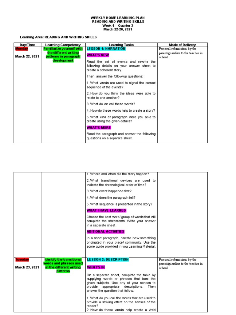 Weekly Home Learning Plan Reading and Writing Skills | Download Free ...