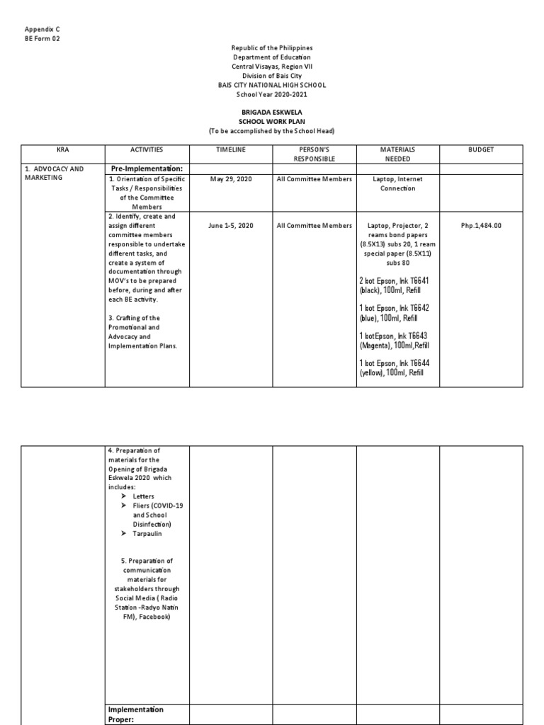 Brigada Eskwela Work Plan