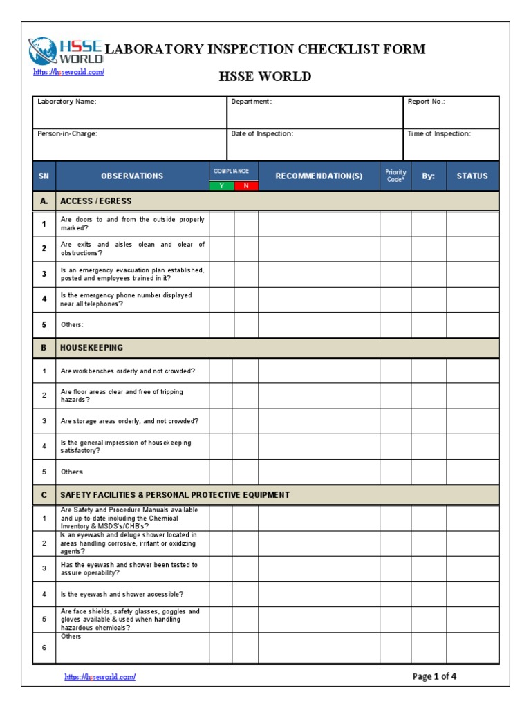 LABORATORYINSPECTIONCHECKLISTFORM PDF Safety Manufactured Goods