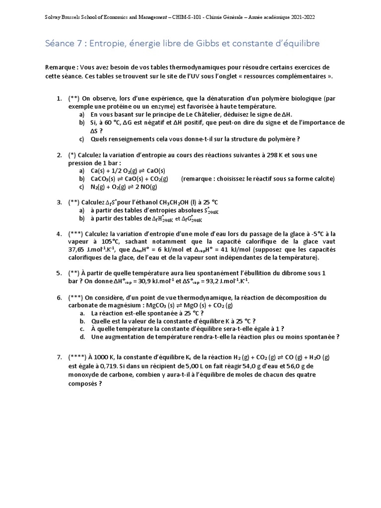 Entropie et Enthalpie : Exercices Pratiques | PDF | Enthalpie libre ...