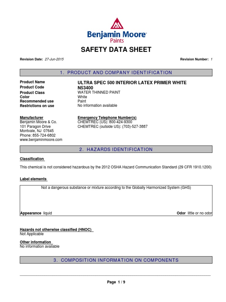 Safety Data Sheet for Ultra Spec 500 Interior Latex Primer White PDF