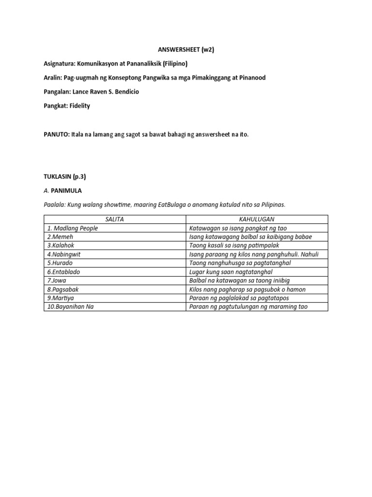 ANSWERSHEET FILw2Bendicio | PDF