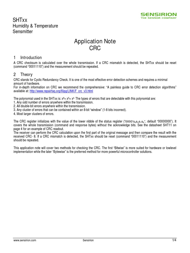 CRC Error Detection for SHTxx Sensors | PDF | Error Detection And ...