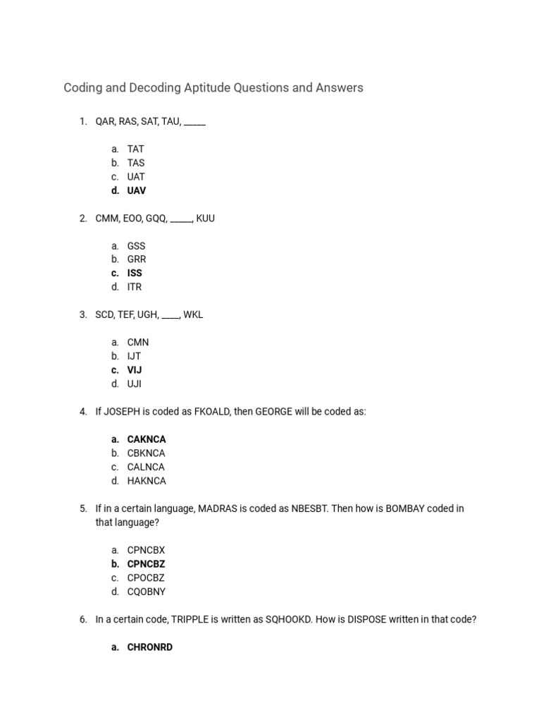 Coding and decoding aptitude questions pdf