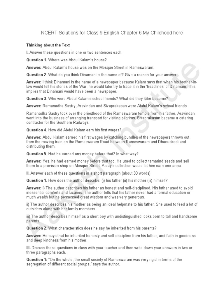 Class 9 English Chapter 6 Answer