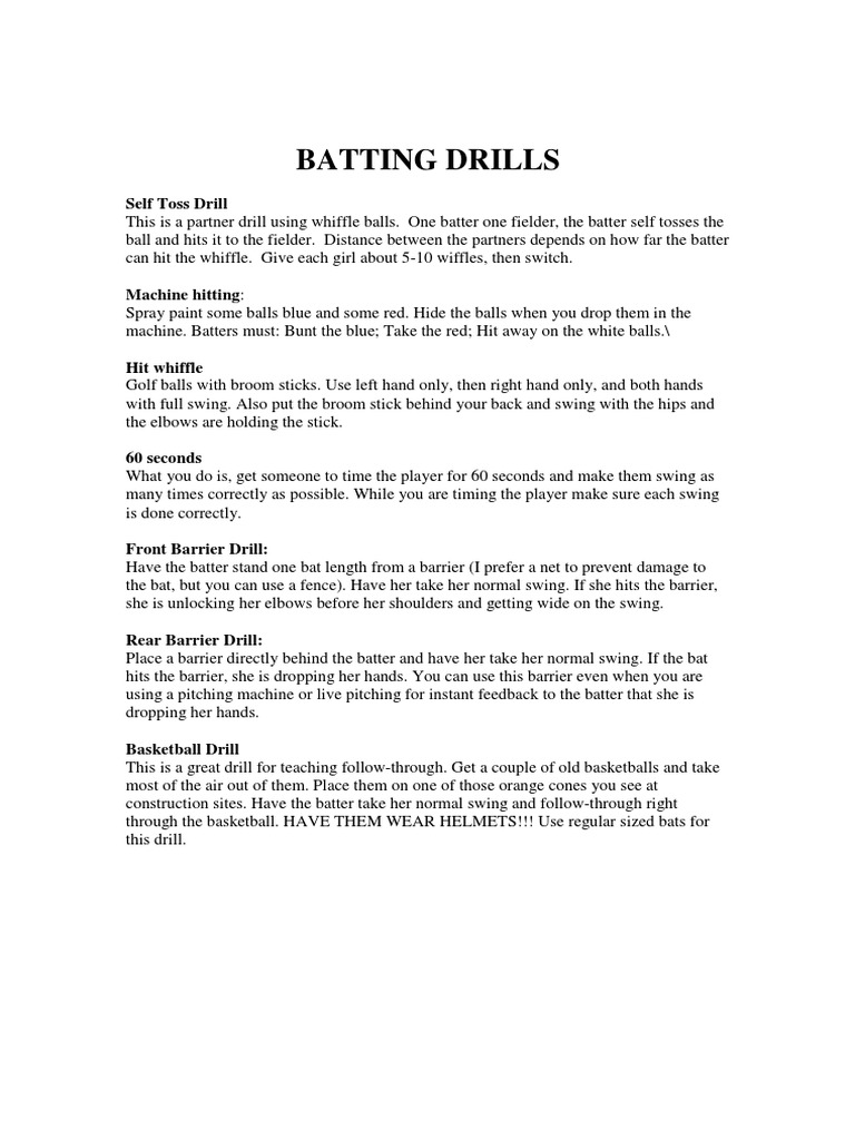 Batting Drills: Self Toss Drill | PDF | Baseball Field | Batting (Baseball)