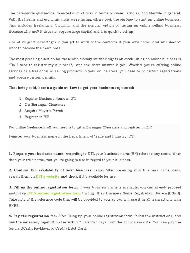 DTI and BIR Registration for Freelancers | PDF | Bookkeeping | Identity ...