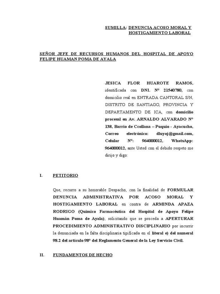 Denuncia por Acoso Laboral en Perú | PDF | Acoso sexual | Acoso