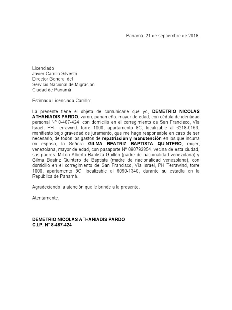 Carta de Responsabilidad Migracion Modelo PDF Panamá