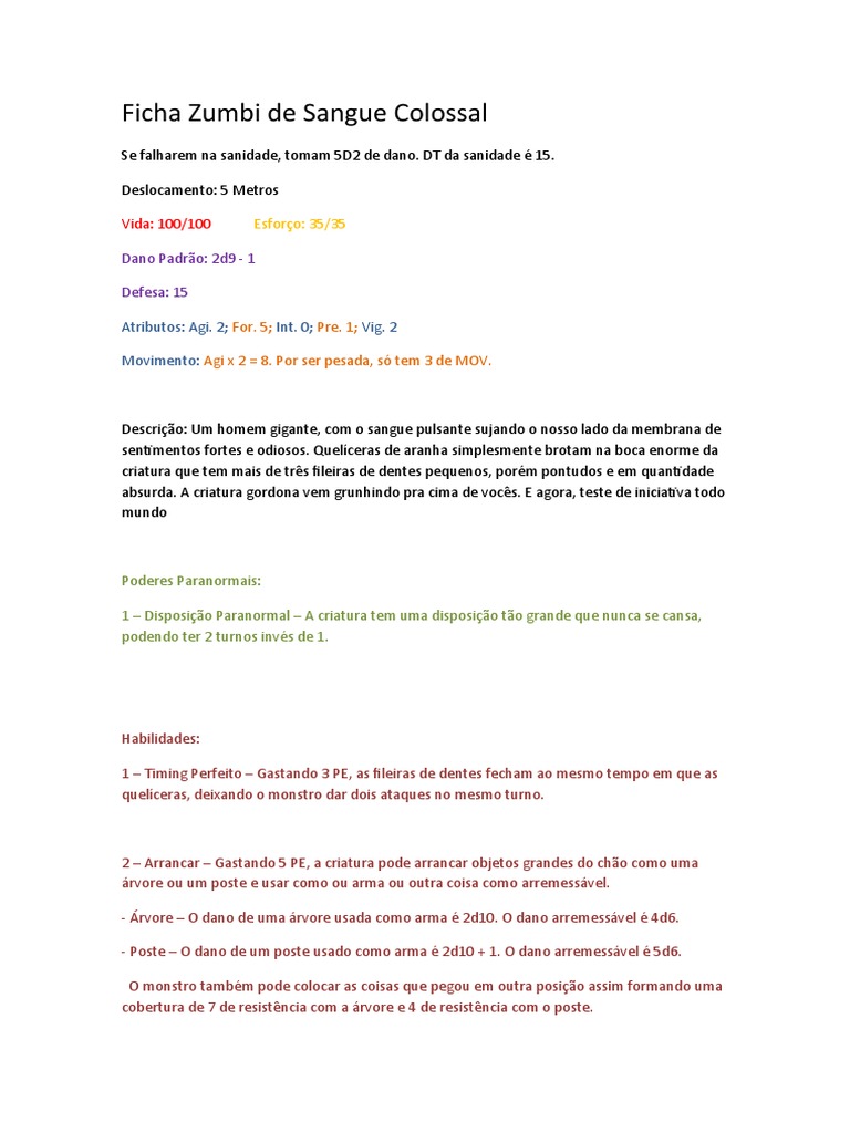 Ficha Zumbi de Sangue Colossal | PDF