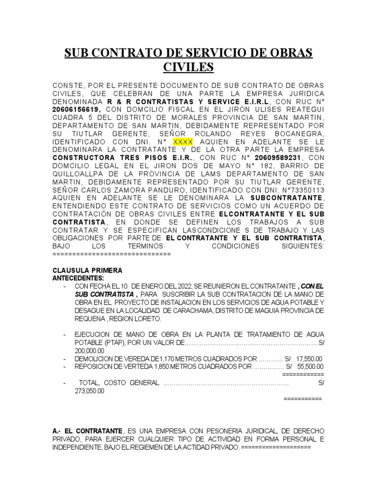 Subcontrato de Obras Civiles en Loreto | PDF | Finanzas y dinero ...