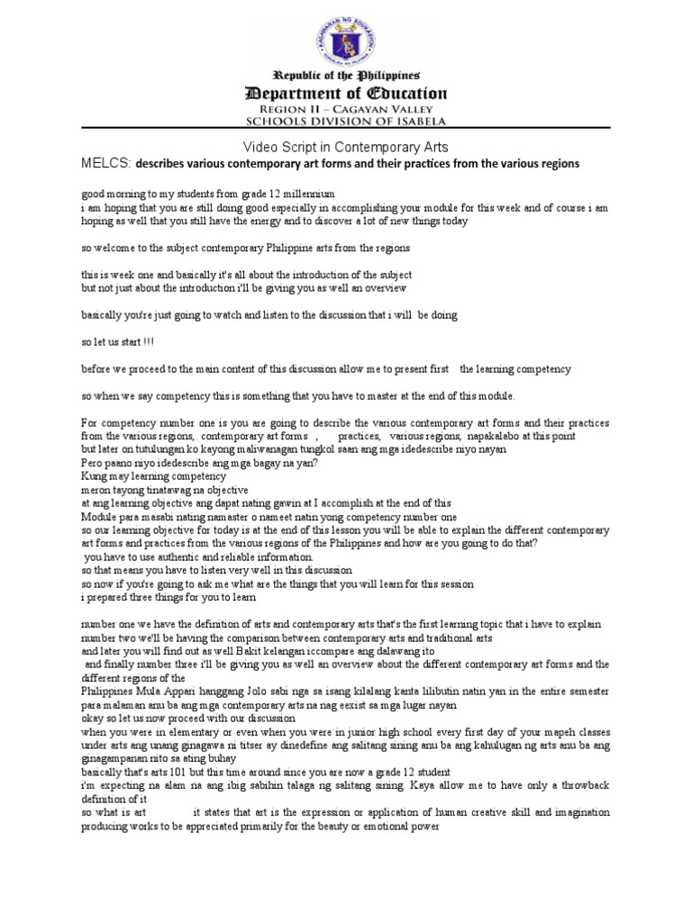 Video Script In Contemporary Arts Melcs Download Free Pdf The Arts