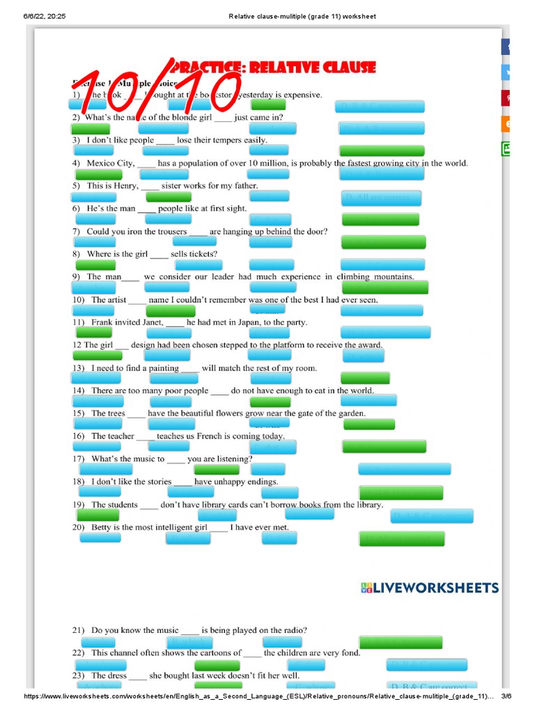 Grade 11 Relative Clause Worksheet | PDF | Wellness