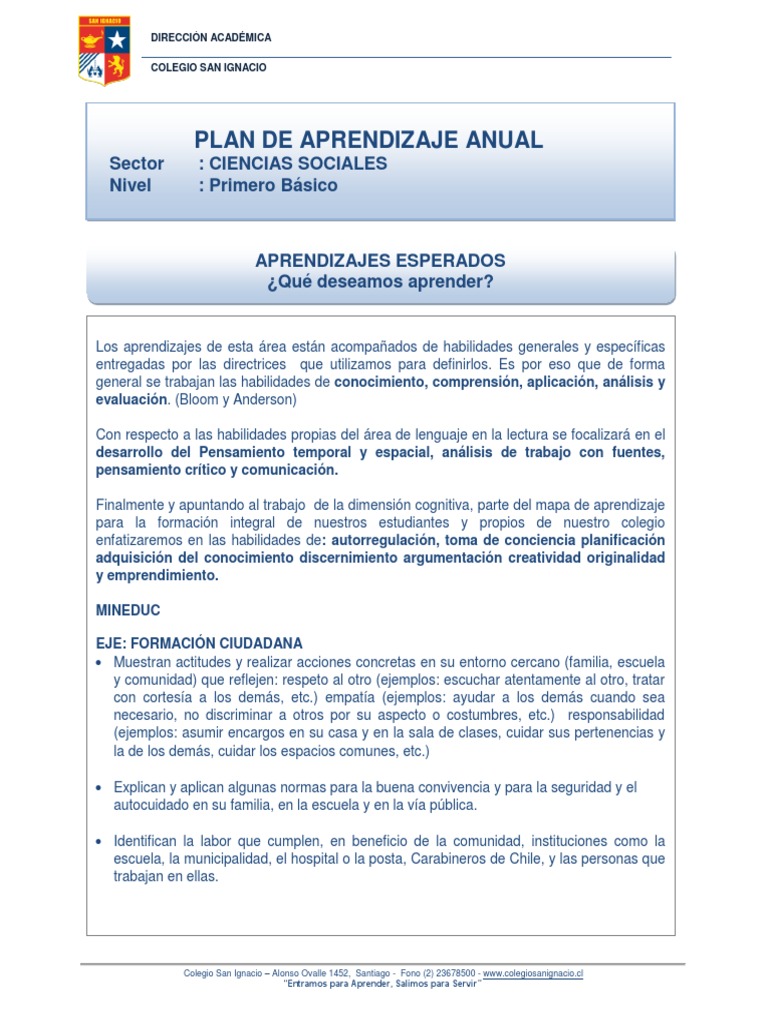 PLAN DE APRENDIZAJE ANUAL - CIENCIAS SOCIALES - Primero Básico | PDF ...