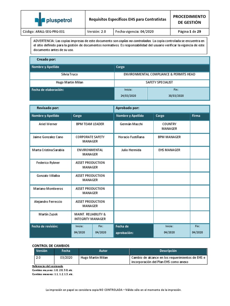Requisitos EHS para Contratistas Pluspetrol | PDF | Valores | Camión