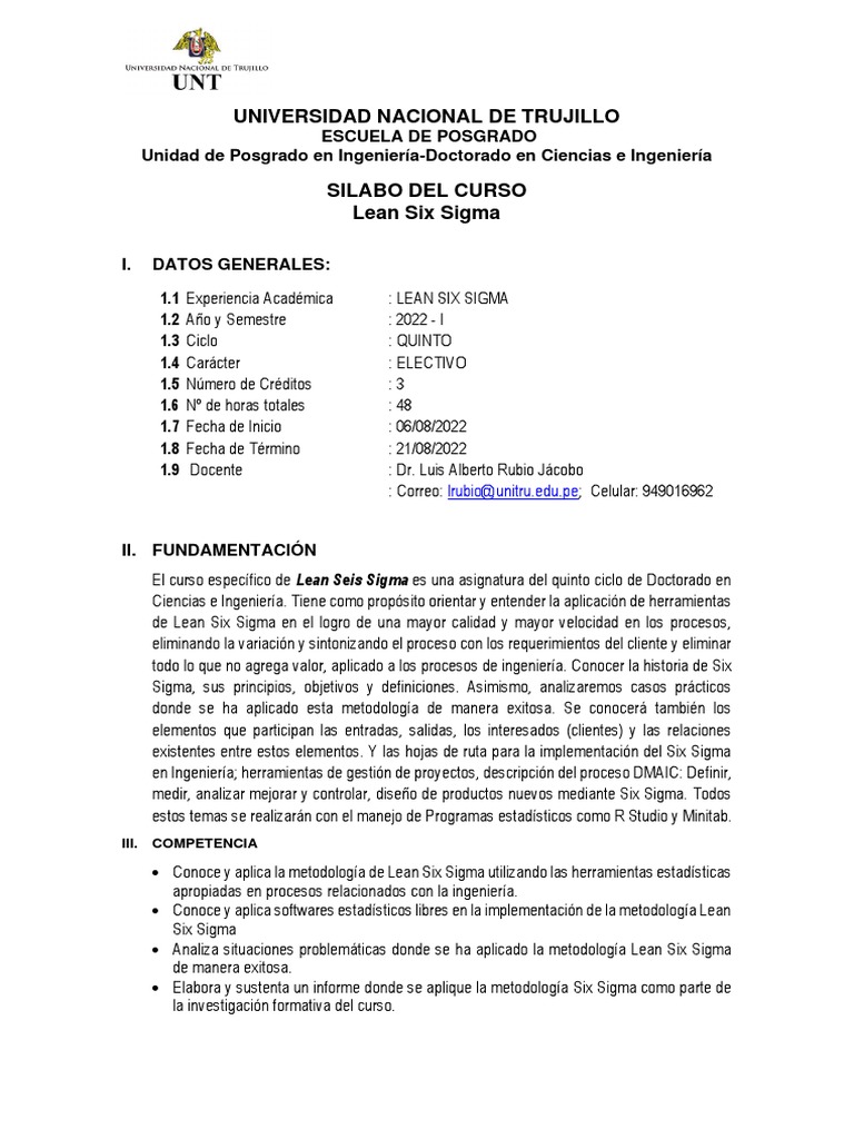 Silabo del Curso Lean Six Sigma | PDF | Six Sigma | Lean Manufacturing