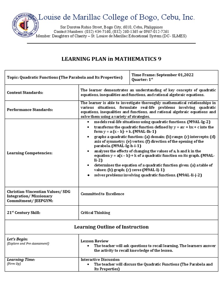 St. Louise de Marillac College of Bogo, Cebu, Inc.: Learning Plan in ...