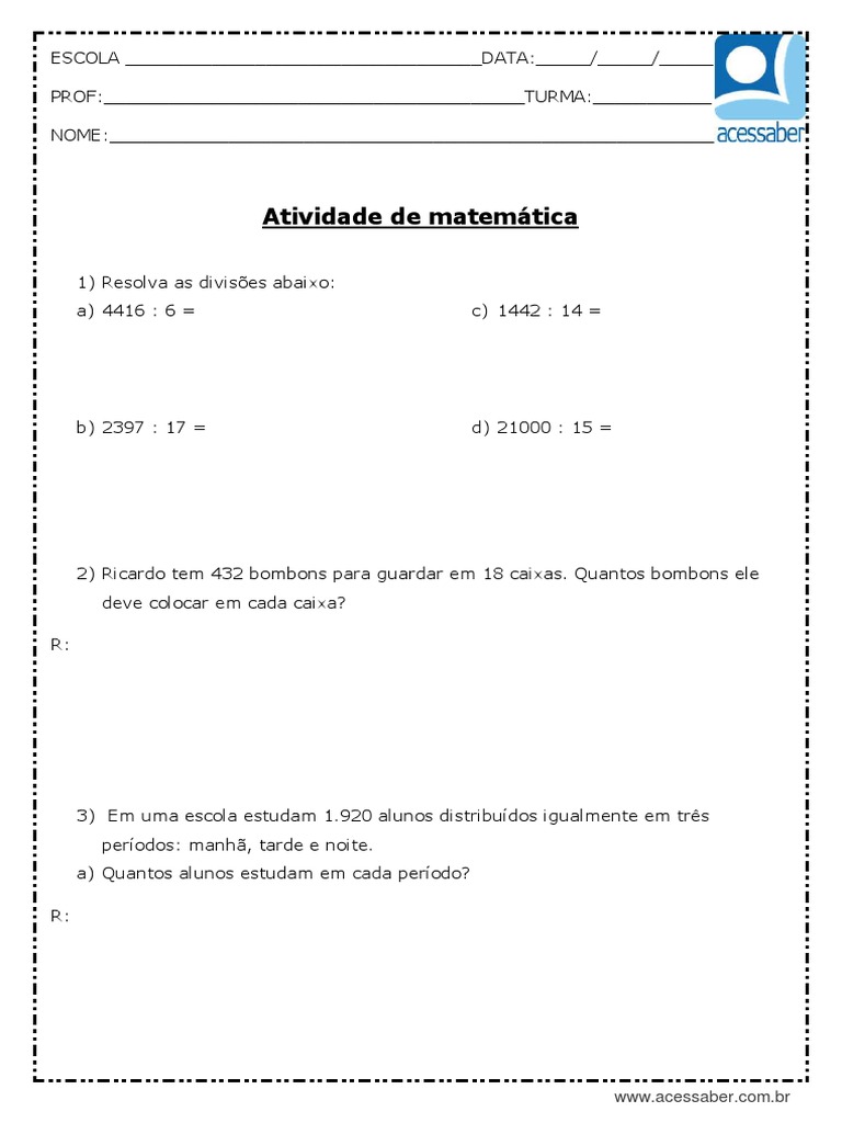 Atividade de Matemática de Divisão 5º Ano | PDF