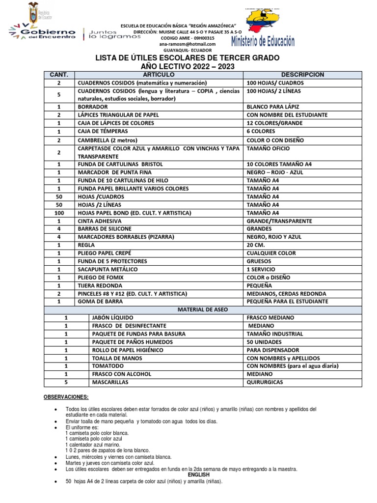 Una lista de útiles escolares de 3.° a 5.° grado para el regreso a