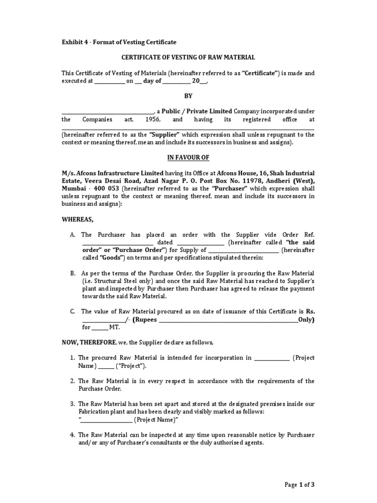 Vesting Certificate for Raw Materials | PDF | Common Law | Private Law