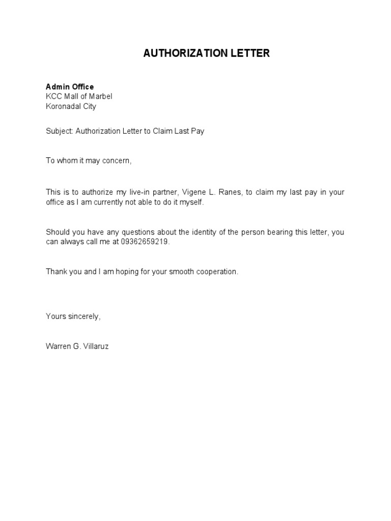 Authorization Letter for Last Pay Claim | PDF