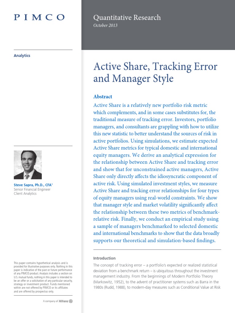 Active Share, Tracking Error and Manager Style: Quantitative Research | PDF  | Stock Market Index | Risk