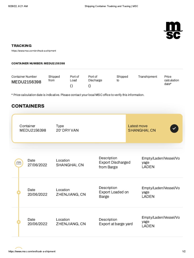 MSC Container Tracking Details | PDF | Containerization | Shipping