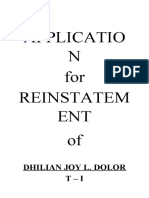 Applicatio N For Reinstatem ENT Of: Dhilian Joy L. Dolor T - I