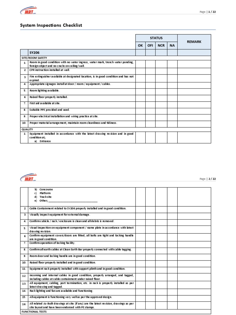 SITE SURVEILLANCE CHECKLIST SY206_Rev.01_SY206 PDF Electrical