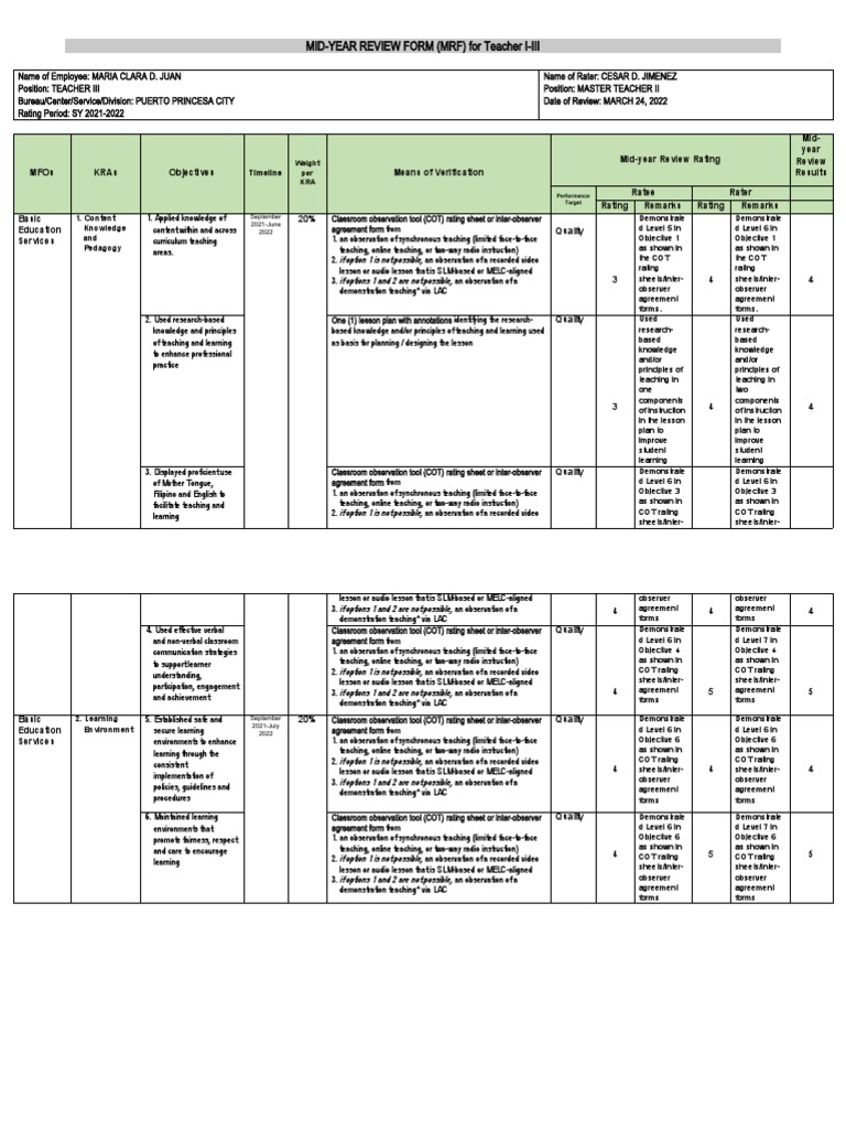 MidYear Review Form (MRF) For Teacher IIii PDF Teaching Method