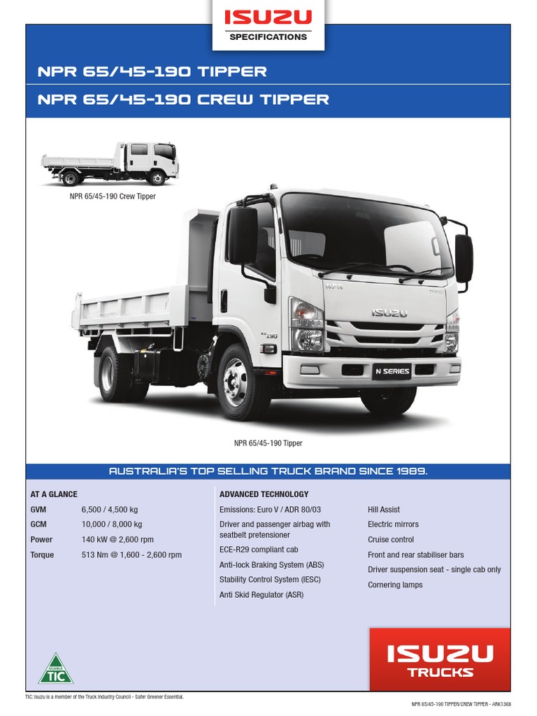 Isuzu NPR 65/45-190 Tipper Specs | PDF | Truck | Axle