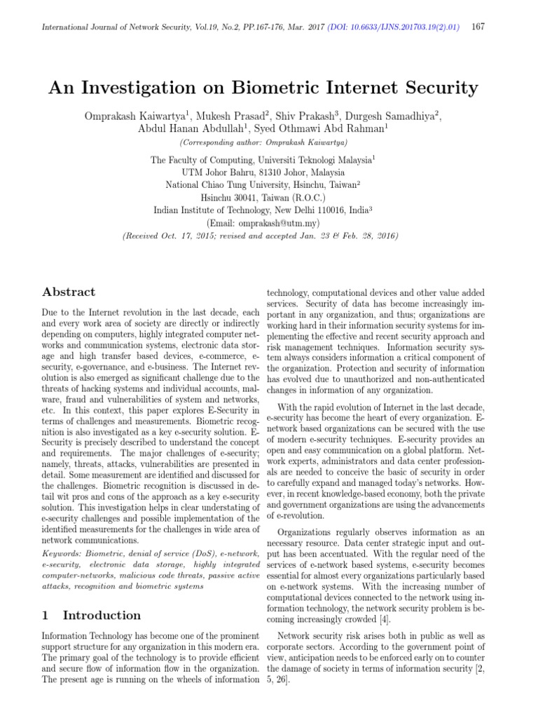 An Investigation On Biometric Security PDF Biometrics