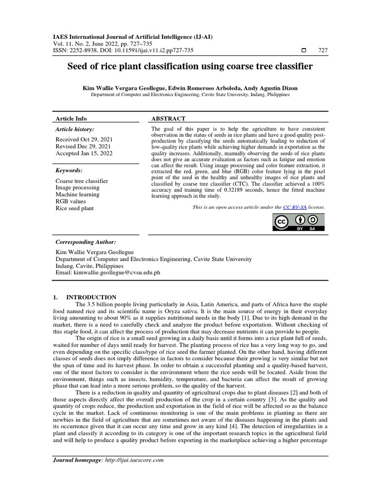 Seed of Rice Plant Classification Using Coarse Tree Classifier ...