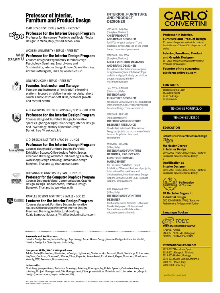 resume prof carlo convertini | PDF | Interior Design | Educational ...