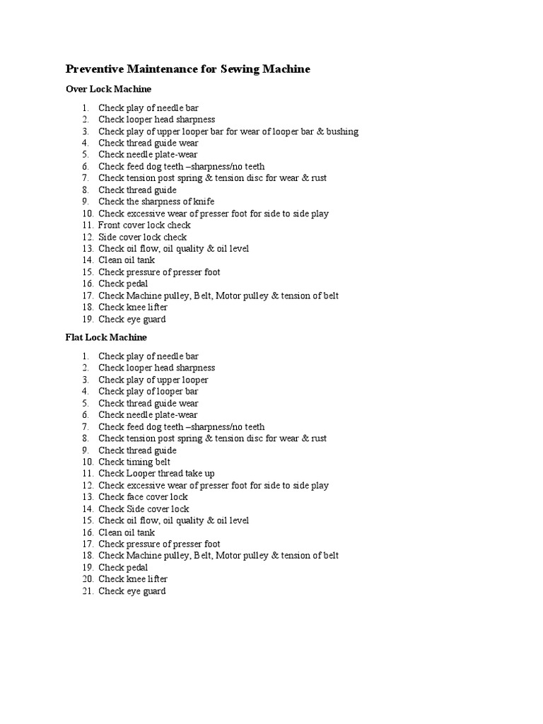 Sewing Machine Maintenance Checklist | PDF