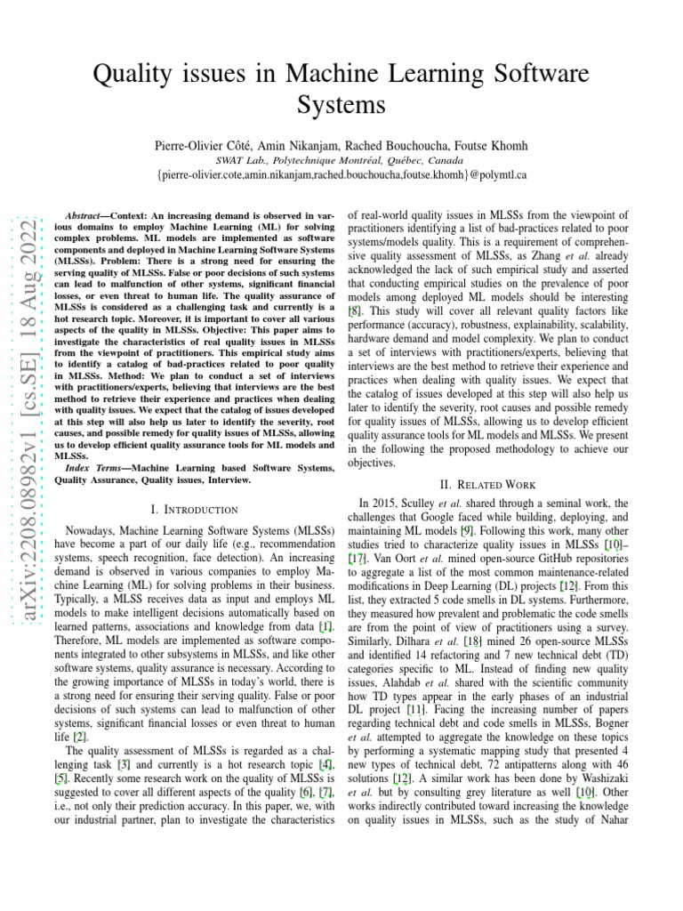 Quality issues in machine learning systems pdf interview machine