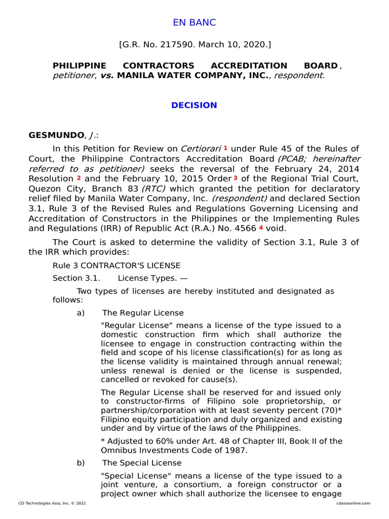 PCAB vs. Manila Water: License Validity Ruling | PDF | Competition Law ...