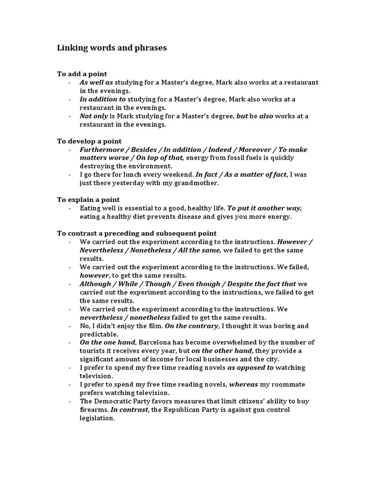 Linking Words and Phrases Examples PDF