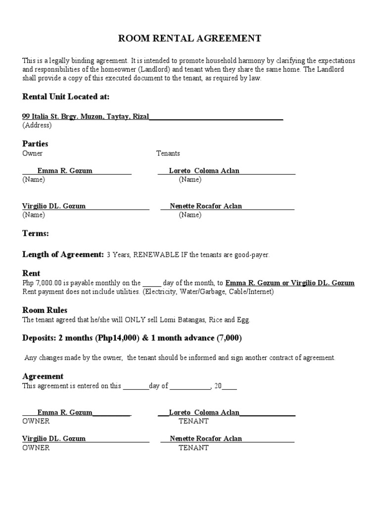 Room Rental Agreement: Rental Unit Located at | PDF | Social Science